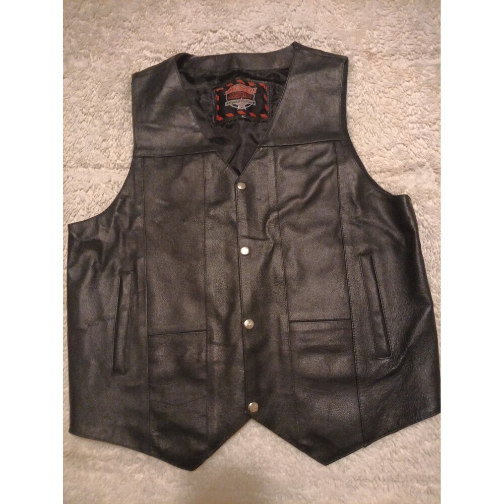 Vintage Interstate Gen Leather Biker Vest Mens XL Black Snap Front Motorcycle